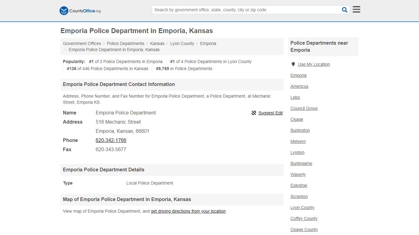 Emporia Police Department - Emporia, KS (Address, Phone, and Fax)